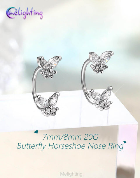 20G Butterfly Horseshoe Nose Ring Hoop With Push Pin Ends Taper Ball Grabber Tool 316L Surgical Steel CZ