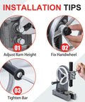 One Ton Arbor Press With Hand Wheel Cast Iron Heavy Duty Manual Arbor Press installation tips, adjusting ram, fixing handwheel, tightening bar.