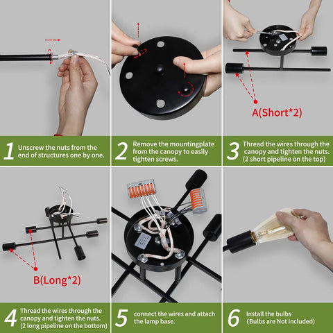Assembly instructions for 6 Lights Semi Flush Mount Modern Ceiling Light Fixture With Industrial Black Metal Sputnik Chandelier