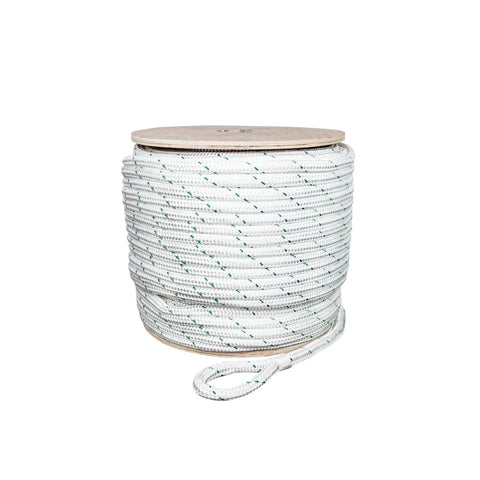 Double Braided Polyester Pulling Rope With Eye Loop For Marine Use And Winching, Heavy Duty 1/4 Inch X 600 Feet, White With Green Tracers