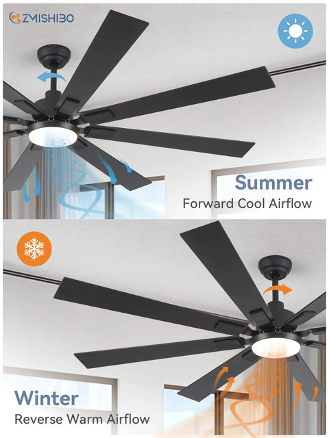 Huge 72 Inch Ceiling Fan With Lights And Remote For Indoor Outdoor Use Black Modern Design, summer and winter airflow directions
