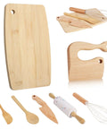 Totally Awesome Wooden Kitchen Play Set For Toddlers Includes Seven Piece Children Cooking Utensils Collection with cutting board and knives.