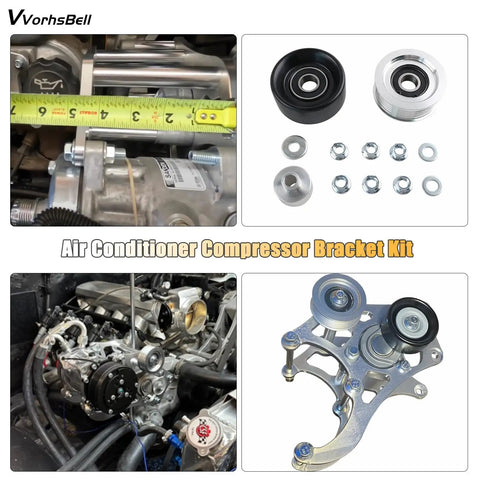 LS Air Conditioner Bracket Kit For Sanden 508L And 709 Fits Camaro LS Engines And Truck Water Pumps Belt Tensioner Compatible Easy Install Plug And Play components and installation illustration.