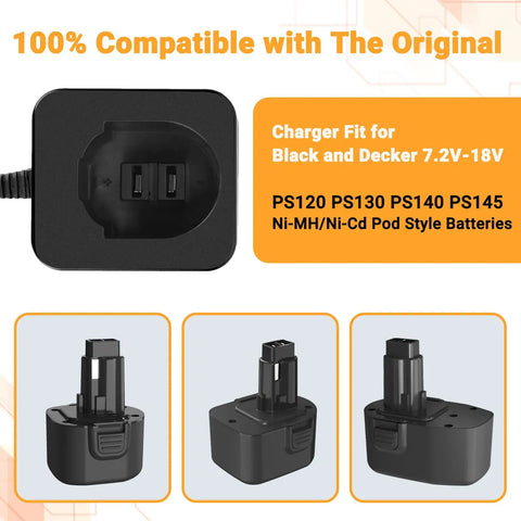 Portable 7.2V To 18V Battery Charger For Black And Decker PS120 PS130 PS140 Ni-MH Ni-Cd Pod Style Batteries and compatible pods.