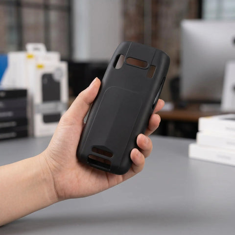 Tough As Nails Nonslip Boot With Crush Proof Armor And Tight Fit For K3S Barcode Scanner held in hand, black durable case.
