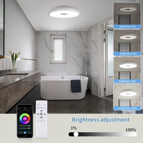 Smart Waterproof LED Flush Mount Ceiling Light With Bluetooth Speaker, 11 Inch 18W, in bathroom showing dimmable settings