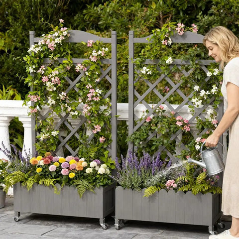 Two Pack Planter Box With Trellis And Wheels, 48 Inch Elevated Raised Garden Bed With Drainage Holes, Outdoor Lattice For Climbing Flowers And Veggies, Perfect Patio Balcony Gray with woman watering flowers