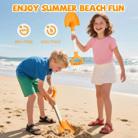 Children playing with 20 Inch Kid Friendly Beach Shovels Set Heavy Duty Plastic Sand Scoops Spades For Beach Sandbox Snow Garden Digging Fun