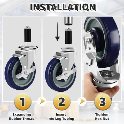 Five-inch caster wheels, set of four with expanding stems; blue wheels shown for stainless steel table legs.
