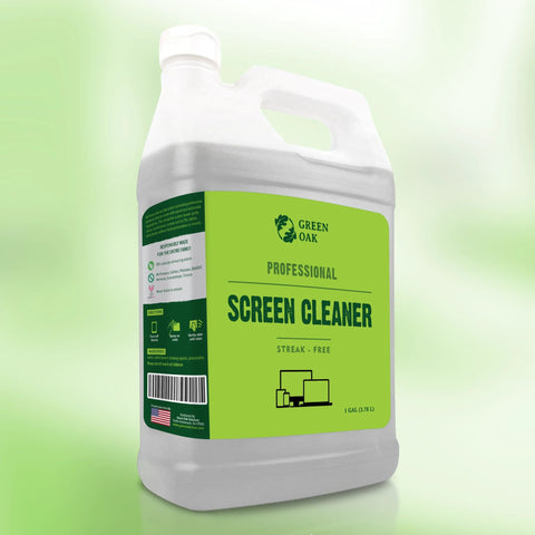 Front view of Green Oak Professional Screen Cleaner refill bottle with green label, 1 gal.