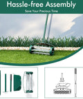 Rolling Lawn Aerator With Fender And 18 Inch Spike Roller, 50 Inch Anti Slip Handle, assembly components on grass.