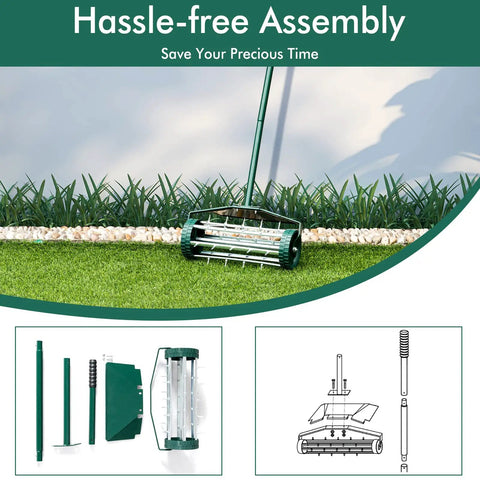 Rolling Lawn Aerator With Fender And 18 Inch Spike Roller, 50 Inch Anti Slip Handle, assembly components on grass.
