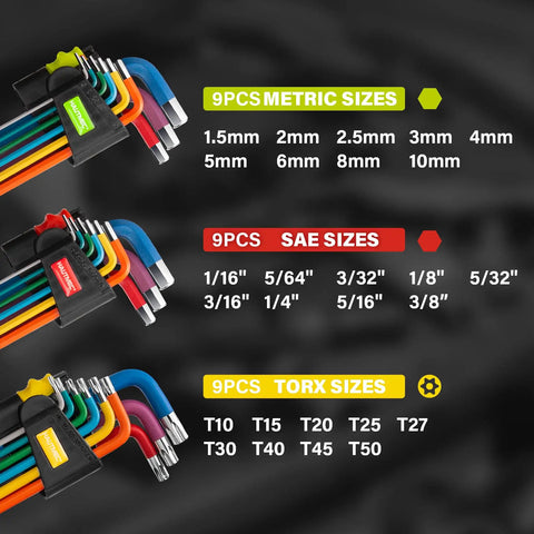 Do It All 27 Piece Ball End Hex Key Set With T Handle SAE Metric Allen Wrenches And Torx Keys, 60CR-V Steel Color Coded Storage Case