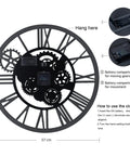 Steampunk Wall Clock With Moving Bronze Gears And Rustic Wooden Frame Perfect For Farmhouse Decor showing 57cm size and battery compartments.