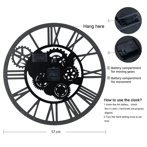 Steampunk Wall Clock With Moving Bronze Gears And Rustic Wooden Frame Perfect For Farmhouse Decor showing 57cm size and battery compartments.