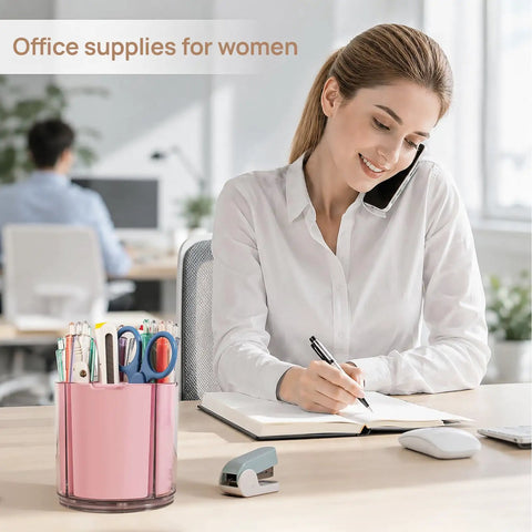 360 Degree Rotating Pen Holder Desk Organizer With Expandable Compartments From Five To Nine Slots Pink Pencil Cup on a desk