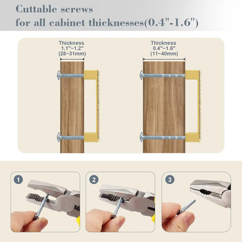 Gold Cabinet Pulls With Crystal Accents 4 Pack demonstrating adjustable screw length for different cabinet thicknesses.