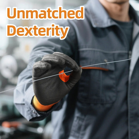 Man wearing Air Skin 21 Gauge Cut Resistant Work Gloves With Second Skin Comfort, holding wire, emphasizing dexterity.