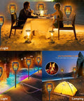 Sun Powered Solar Torch Lights With Realistic Flickering Flame Effect illuminating a dinner setting, poolside, and camping site