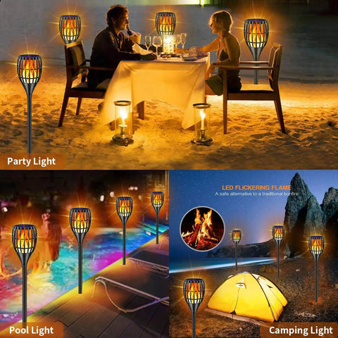 Sun Powered Solar Torch Lights With Realistic Flickering Flame Effect illuminating a dinner setting, poolside, and camping site