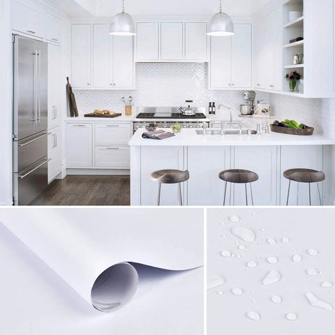 Modern kitchen with 15.7In By 16.4Ft Matte White Peel And Stick Wallpaper, waterproof roll and water droplets detail view