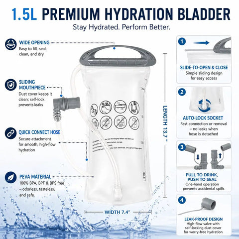 1.5L bladder for Ultra Lightweight Hydration Backpack For Women With BPA-Free, leak-proof design, features labeled