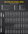 50 pcs S2 steel bits with pry bar and tweezer in organized layout for the Slick Electric Screwdriver Set.