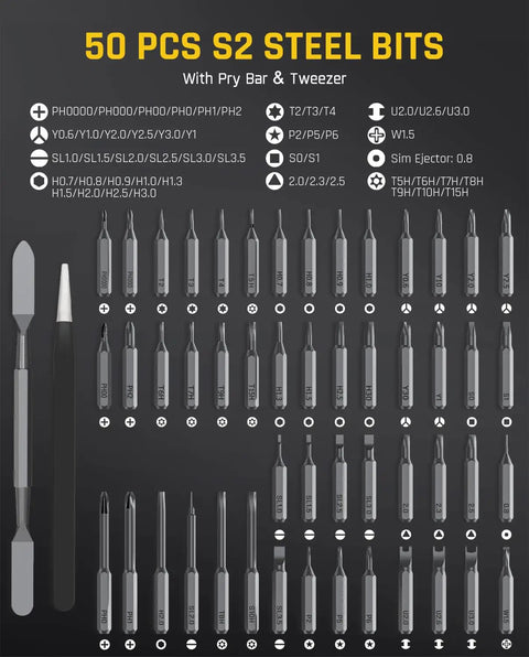 50 pcs S2 steel bits with pry bar and tweezer in organized layout for the Slick Electric Screwdriver Set.