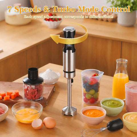 Heavy Duty Stainless Steel Immersion Blender With Turbo Control And Versatile Attachments For No Sweat Smoothie Blending Silky Soups Creamy Shakes And Easy Kitchen Work on wooden countertop with various ingredients.