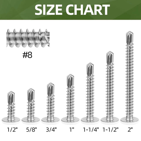 Top Shelf Quick Grip Self Drilling Screws Size Eight Length Half Inch 100 Piece Kit size chart displaying various screw lengths.