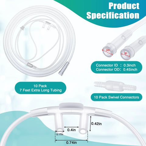 Amazon Anglechic 10-pack adult nasal cannula with 7 ft clear soft tubing and 10 connectors, curved nose piece front view