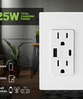 Wall-mounted in-wall USB charger with Type A and C ports, 15A tamper resistant outlet in a room with plant, 25W total power.
