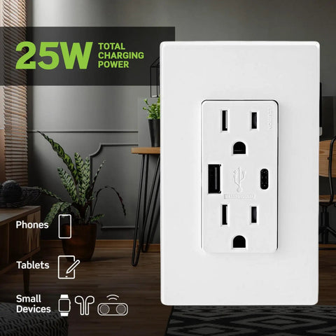 Type A And Type C USB In Wall Charger With 15A Tamper Resistant Outlet That Powers Your Phone And Tablet Fast Not For Laptops Brown Finish For Home And Office shown with 25W total charging power and use icons for phones, tablets, and small devices.