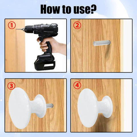 Installation steps of Antique White Round Cabinet Knobs With Screws Set Of 12 for dresser cupboard doors and cabinets.