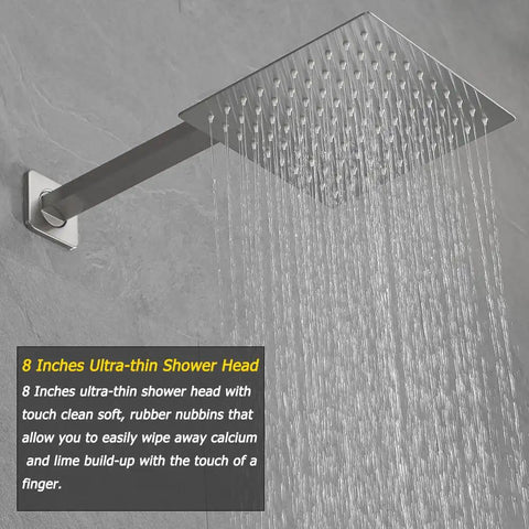Brushed Nickel Shower System With 8 Inch Square Rain Shower Head, Brass Handheld Shower, Stainless Steel Arm And Hose, Wall Mounted