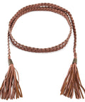 Braided Tassel Rope Belt For Women In PU Leather, Adjustable Tie Belt In Black And Brown, Long Elastic Belt With Tassels, Chic Everyday Accessory For Dresses, Jeans, And Coats. Brown braided PU leather rope belt with tassels, 78.4in long