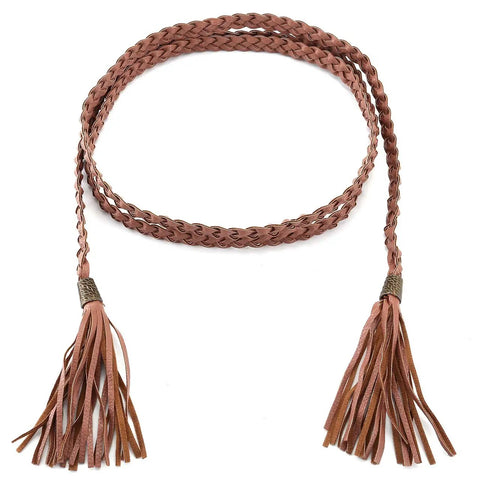 Braided Tassel Rope Belt For Women In PU Leather, Adjustable Tie Belt In Black And Brown, Long Elastic Belt With Tassels, Chic Everyday Accessory For Dresses, Jeans, And Coats. Brown braided PU leather rope belt with tassels, 78.4in long