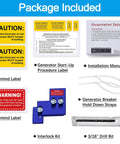 Package contents for Generator Interlock Kit For Square D QO And Homeline 100 Amp And 125 Amp Panels, labels and tools included
