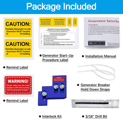 Package contents for Generator Interlock Kit For Square D QO And Homeline 100 Amp And 125 Amp Panels, labels and tools included