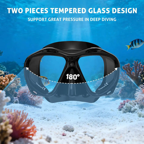 Scuba Mask For Grownups And Teens With Panoramic HD Lenses Snorkel Goggles with tempered glass, 180-degree view, underwater scene.