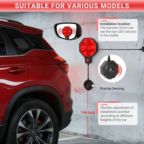 Image showing a car parked using an Adjustable Garage Parking Sensor With No Fuss Stop Indicator And Red Yellow Green LED Display For Accurate Parking Set Stop Distance From 6 Inches To 6 Feet Battery Not Included Or Power Cord Powered, mounted on a garage wall with red LED display visible.