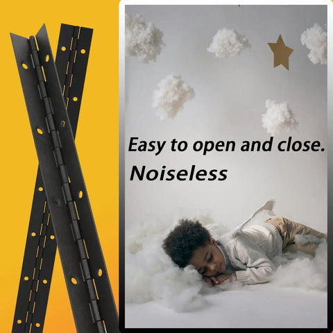 Four Pack Six Inch Matte Black Piano Hinges Built Tough With 304 Stainless Steel For Hella Durability And Slick Rust Proof Performance On Doors And Cabinets with easy open design.