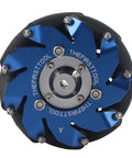 Front view of 4in blue anodized aluminum mecanum wheel with TPU rollers and metal hub, THEFIRSTTOOL logo visible
