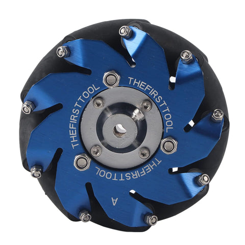 Front view of 4in blue anodized aluminum mecanum wheel with TPU rollers and metal hub, THEFIRSTTOOL logo visible