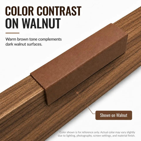 Warm Brown Walnut Corner Protectors Six-Pack With 3.5 Inches High And Three-Quarter Inch Slim Flush-Fit Hard-Shell, shown on wood