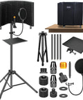 Pro Grade Microphone Isolation Shield with Pop Filter and Tripod Stand, foldable studio shield, acoustic foam setup.