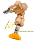 Close-up of brass 1/4-inch quick-connect pivoting pressure washer coupler with yellow spray nozzle tip.
