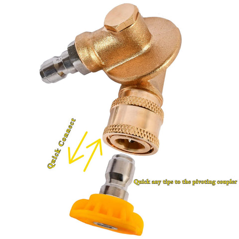 Close-up of brass 1/4-inch quick-connect pivoting pressure washer coupler with yellow spray nozzle tip.