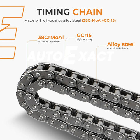 Close-up of timing chain made of 38CrMoAl and GCr15 alloy steel from the Beefed Up Timing Chain Kit With VVT Sprocket For 2.5L And 2.7L Engines Fits 2009 2015 Toyota Avalon Camry Highlander RAV4 Sienna Venza And 2013 2015 Lexus ES300h NX300h Replacement 13540 36010 13050 36011 13070 0V030.