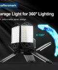Heavy Duty 300W LED Garage Ceiling Lights With Adjustable Panels, showing 120° deformable panel design for 360° lighting